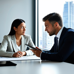 A male business professional in a modest, dark business suit and a female business coach in a professional, light-colored blouse and tailored trousers are seated at a sleek, modern conference table in a sunlit, high-rise office. They are engaged in a focused discussion, looking at a digital tablet displaying strategic charts and graphs. The background features a large window offering a blurred view of a bustling city skyline, symbolizing ambition and growth. The overall atmosphere is one of collaborative strategy and innovation. safe for work, appropriate content, fully clothed, professional, perfect anatomy, correct proportions, natural pose, well-formed hands, proper finger count, natural body proportions, high-quality photography, studio lighting.