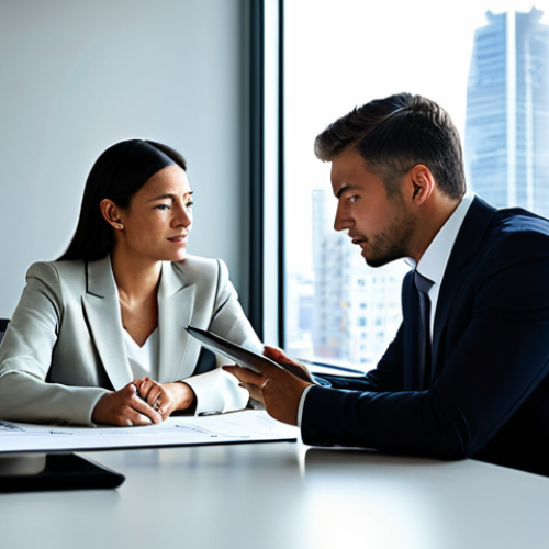 A male business professional in a modest, dark business suit and a female business coach in a professional, light-colored blouse and tailored trousers are seated at a sleek, modern conference table in a sunlit, high-rise office. They are engaged in a focused discussion, looking at a digital tablet displaying strategic charts and graphs. The background features a large window offering a blurred view of a bustling city skyline, symbolizing ambition and growth. The overall atmosphere is one of collaborative strategy and innovation. safe for work, appropriate content, fully clothed, professional, perfect anatomy, correct proportions, natural pose, well-formed hands, proper finger count, natural body proportions, high-quality photography, studio lighting.