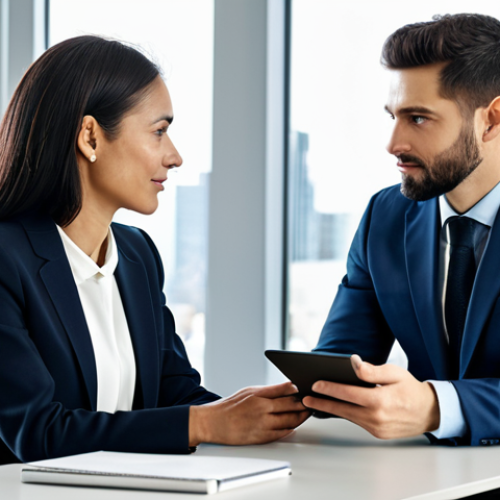 A professional female business coach and a male client engaged in a focused coaching session. The coach wears a modest, elegant business suit. The client wears smart business casual attire. Both are fully clothed, appropriate attire. They are seated at a sleek, minimalist desk in a modern, sunlit office with large windows overlooking a peaceful cityscape. A tablet showing a secure, professional interface is subtly visible on the table. Perfect anatomy, correct proportions, natural pose, well-formed hands, proper finger count, natural body proportions. Professional photography, high quality, sharp focus, soft lighting. safe for work, appropriate content, fully clothed, professional, modest.
