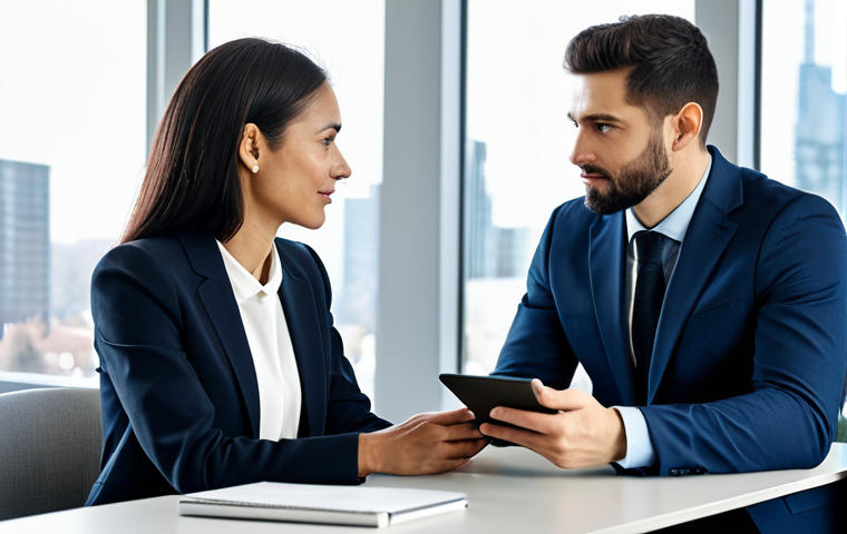 A professional female business coach and a male client engaged in a focused coaching session. The coach wears a modest, elegant business suit. The client wears smart business casual attire. Both are fully clothed, appropriate attire. They are seated at a sleek, minimalist desk in a modern, sunlit office with large windows overlooking a peaceful cityscape. A tablet showing a secure, professional interface is subtly visible on the table. Perfect anatomy, correct proportions, natural pose, well-formed hands, proper finger count, natural body proportions. Professional photography, high quality, sharp focus, soft lighting. safe for work, appropriate content, fully clothed, professional, modest.