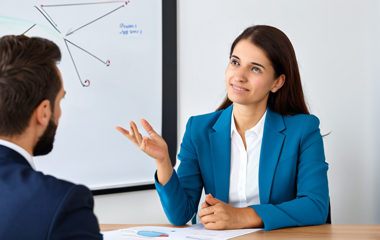 Business Coaching Session**
A professional business coach in a modern office setting, engaging with a client in a fully clothed, modest business suit. Focus on active listening and empathetic communication. The scene should depict a collaborative environment with documents and a whiteboard in the background. Perfect anatomy, correct proportions, natural pose, well-formed hands, proper finger count, natural body proportions. Safe for work, appropriate content, professional, family-friendly.
**