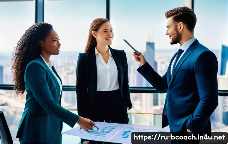 비즈니스 코칭과 경력 코칭 비교 - **Prompt:** A dynamic scene depicting a diverse team of young professionals (three men, three women,...