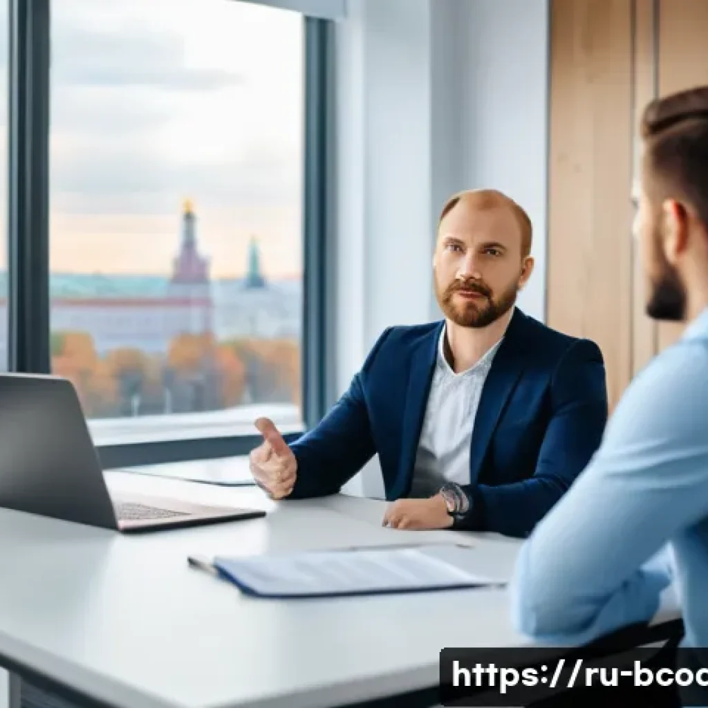 비즈니스 코칭과 경영 컨설팅 - A professional business coaching session in a modern office setting with a confident Russian male en...