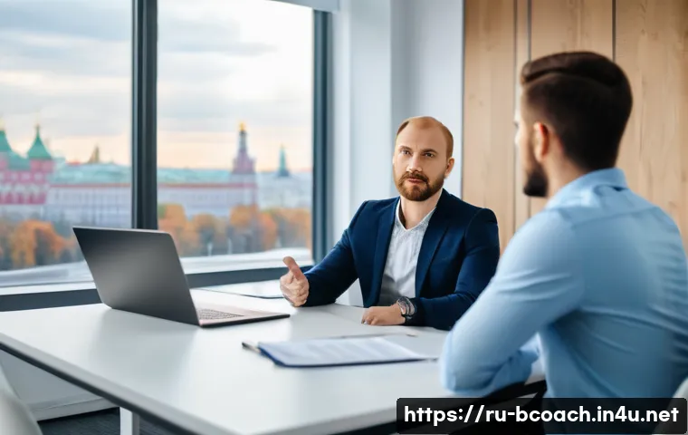 비즈니스 코칭과 경영 컨설팅 - A professional business coaching session in a modern office setting with a confident Russian male en...