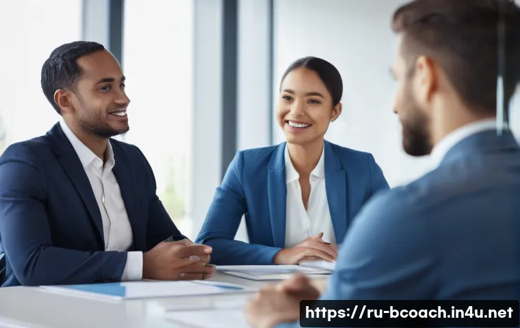 비즈니스 코칭의 필수 면담 기술 - A professional business coaching session in a modern office setting, featuring a diverse group of ad...