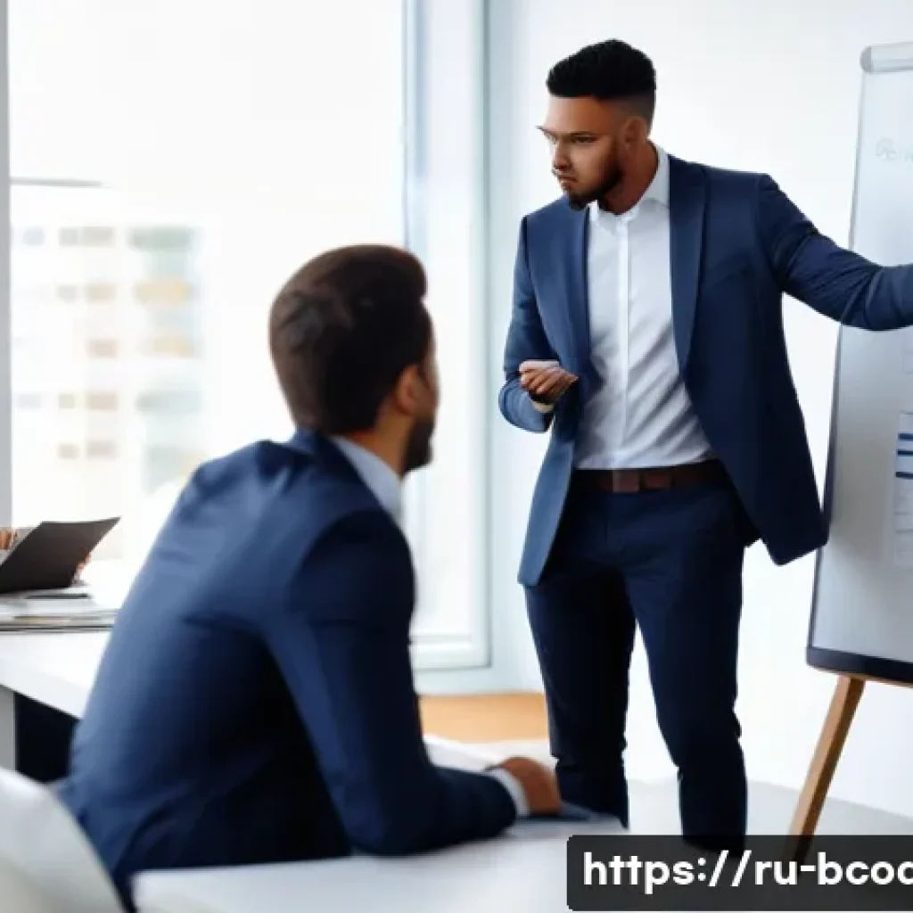 비즈니스 코칭 이론과 실무 - A modern office scene showing a diverse team of professionals engaged in a coaching session. The lea...