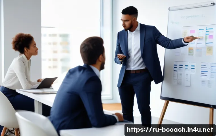 비즈니스 코칭 이론과 실무 - A modern office scene showing a diverse team of professionals engaged in a coaching session. The lea...