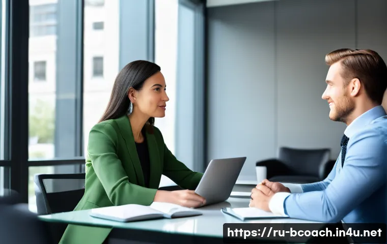 비즈니스 코칭과 리더십 훈련 비교 - A professional business coaching session in a modern office setting, featuring a confident male coac...