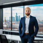 Home 19 비즈니스 코치 포트폴리오 작성법 - A professional portfolio presentation scene featuring a confident Russian business coach in a modern...