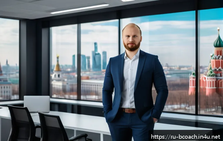 비즈니스 코치 포트폴리오 작성법 - A professional portfolio presentation scene featuring a confident Russian business coach in a modern...