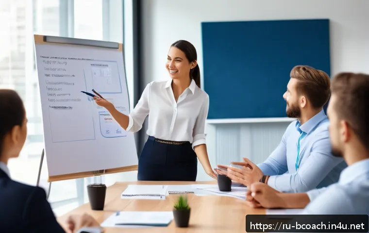 비즈니스 코칭의 핵심 중점과목 - A modern corporate office scene showing a diverse group of professionals engaged in a dynamic coachi...