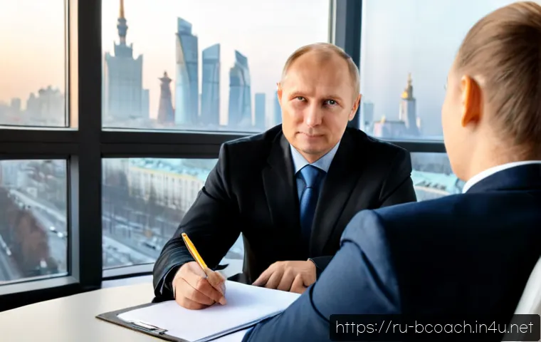 Home 17 비즈니스 코칭과 연봉협상 스킬 - Photorealistic business coaching session in a modern Moscow office, confident middle-aged Russian pr...